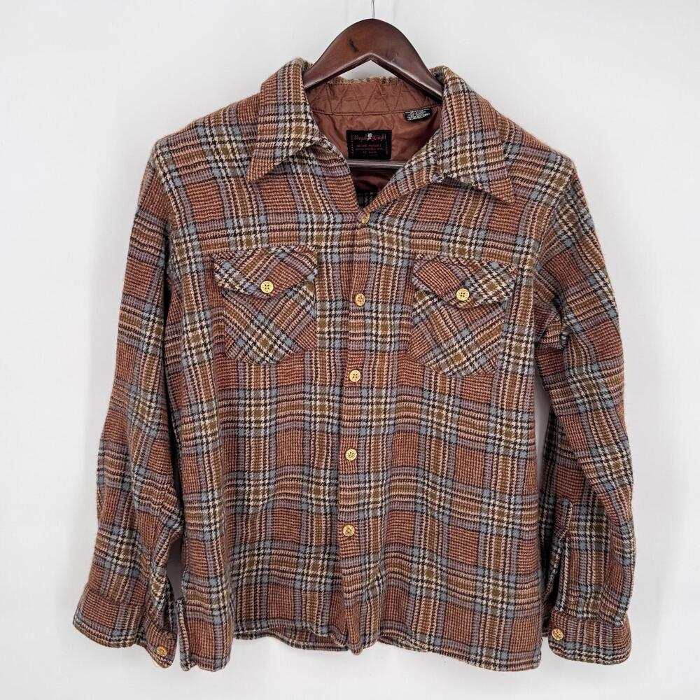 Vintage Royal Knight Jacket Mens Medium Brown Plaid Wool Quilted Shirt Lined